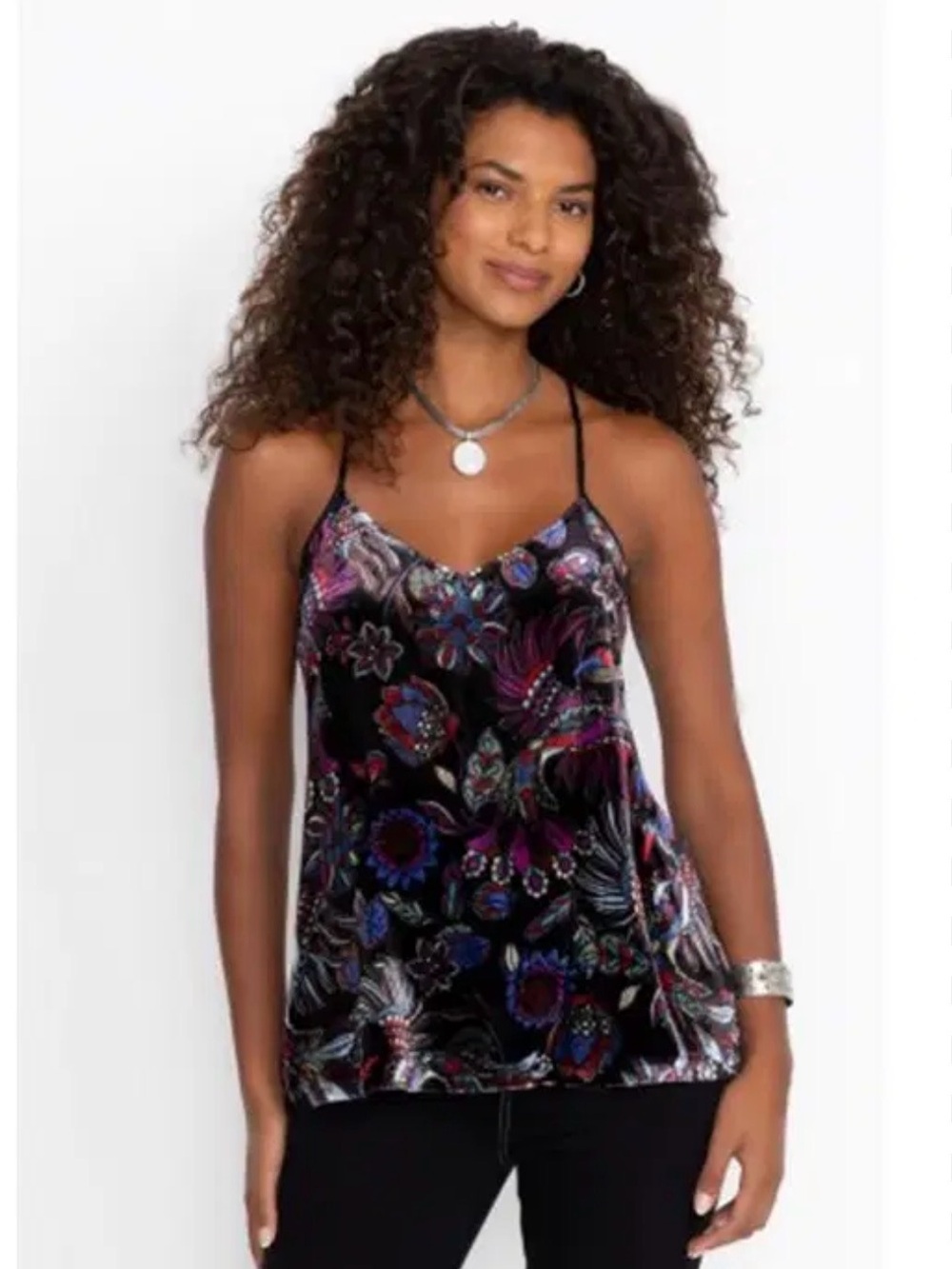 Johnny Was Anya Velvet Cami Tank Black with Purple & Blue Flowers XS Bohemian